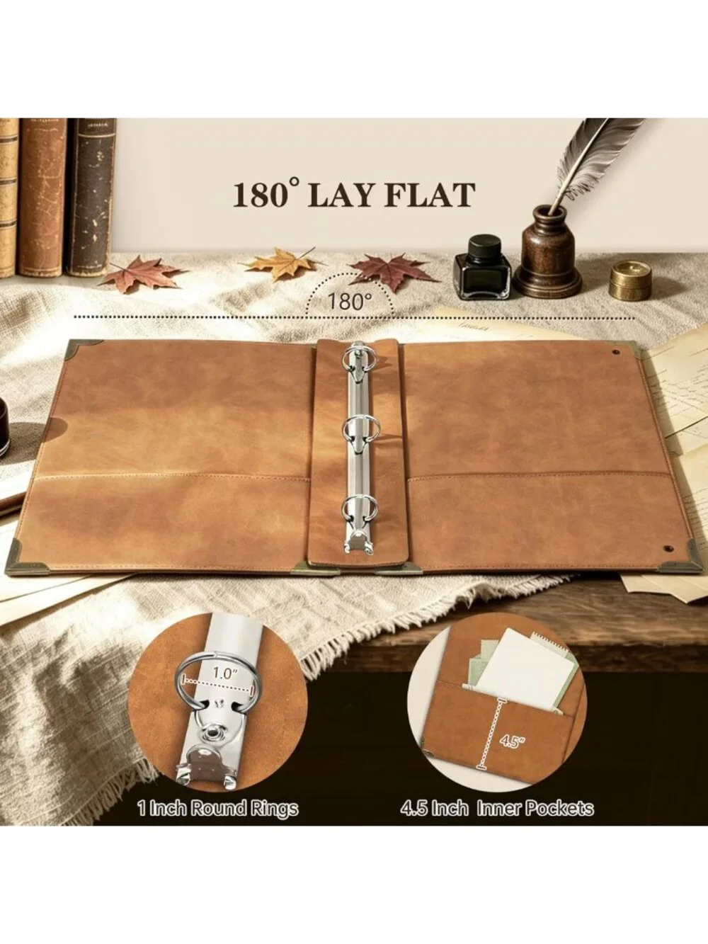Stylish PU Leather 3-Ring Binder, 1-Inch Capacity, Holds 200 Sheets, Office